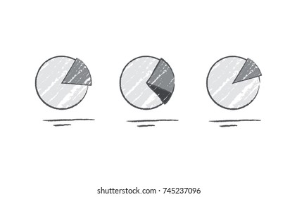 Pie diagram data of grey color, set of icons and lines below representing schematic text, depicted on vector illustration isolated on white