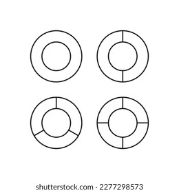 Pie diagram divided into segments. Piechart with slices. Circular chart templates with 1, 2, 3 and 4 pieces. Circle section graph set. Round structure. Set schemes with sectors. Vector illustration