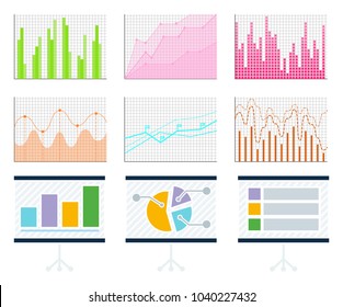 Pie diagram with lines and charts set diagram with lines and data graphics and information collection vector illustration isolated on white background