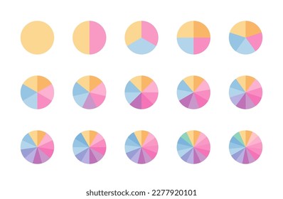 Pie diagram. Round scheme with sectors. Circle chart divided into pieces. Circular section graph. Set of segments and slices. Colorful structure with 3, 6, 9, 12 elements. Vector illustration