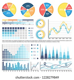 Pie diagram with sectors, percentage information vector. Statistics and analysis, organization, of data in flowcharts schemes. Explanation text sample