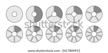 Pie diagram template. Linear circle chart with grey filling. Circular structure divided into pieces. Round section graph. Set schemes. Piechart with segments and slices. Vector illustration