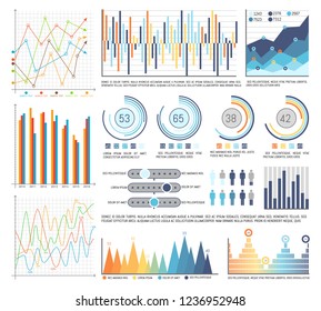 Pie diagrams with segments and flowcharts set vector. Visualisation of business results, data in visual form. Percentage and numeric info statistics