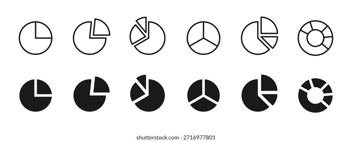 Pie and donut chart icon set for data visualization. Statistics and percentage diagrams for analytics dashboards, reports, infographics, presentations and user interface design.