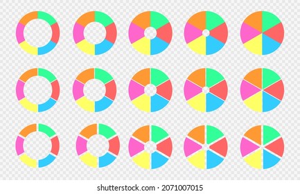 Pie and donut charts collection. Circle diagrams divided in 6 sections of different colors. Infographic wheels with six equal parts isolated on transparent background. Vector flat illustration.