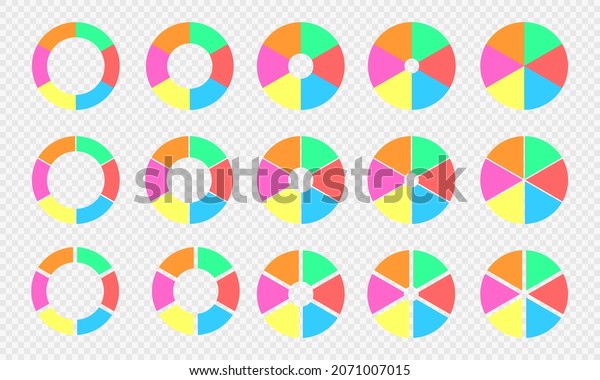 Pie and donut charts collection. Circle\
diagrams divided in 6 sections of different colors. Infographic\
wheels with six equal parts isolated on transparent background.\
Vector flat illustration.
