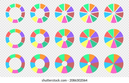 Pie and donut charts set. Circle diagrams divided in 9 sections. Colorful infographic wheels. Round shapes cut in nine equal parts isolated on transparent background. Vector flat illustration.