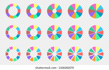 Listas de cartas y de líneas. Diagramas de círculo divididos en 10 secciones de diferentes colores. Ruedas infográficas. Las formas redondeadas se cortan en diez partes aisladas sobre un fondo transparente. Ilustración plana del vector
