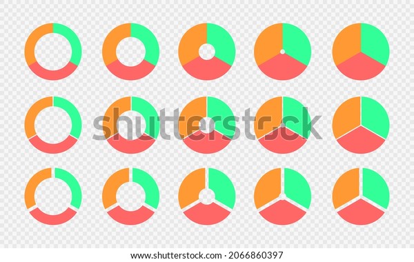 Pie and donut charts set. Circle diagrams\
divided in 3 sections of different colors. Infographic wheels.\
Round shapes cut in three parts isolated on transparent background.\
Vector flat illustration.