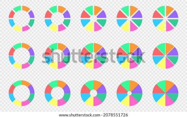 Pie and donut charts set. Circle diagrams\
divided in 8 sections of different colors. Balance wheels of life.\
Round shapes cut in eight parts on transparent background. Vector\
flat illustration.