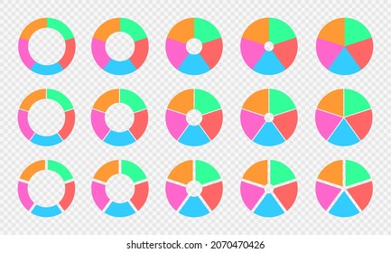 Listas de cartas y de líneas. Diagramas de círculo coloridos divididos en 5 secciones. Ruedas infográficas. Las formas redondeadas se cortan en cinco partes iguales aisladas en un fondo transparente. Ilustración plana vectorial.