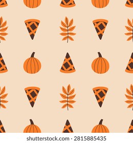 Pie and Fall Leaves Seamless Pattern. Flaky Pastry item piece, pumpkin, delicate rowan leaf cluster hand drawn background. For fall kitchen, harvest festival branding, rustic bakery packaging.