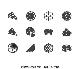 Pie flat glyph icons set. Ossetian, cherry, apple, pumpkin pies, casserole, pita vector illustrations. Signs for bakery. Solid silhouette pixel perfect 64x64.