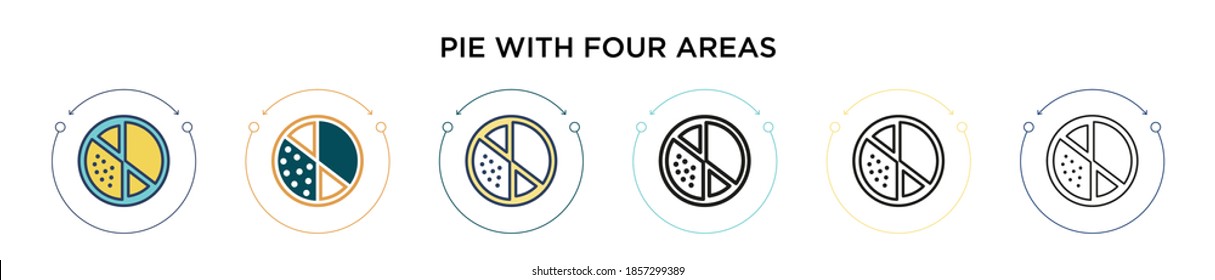 Kuchen mit vier Bereichen Symbol in gefüllt, dünne Linie, Umriss und Strich Stil. Vektorgrafik von zwei farbigen und schwarzen Kuchen mit vier Bereichen Vektorsymbole können für mobile, i, web-basierte