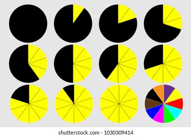 Pie graph circle percentage chart 0 10 20 30 40 50 60 70 80 90 100 % set vector illustration - black and yellow