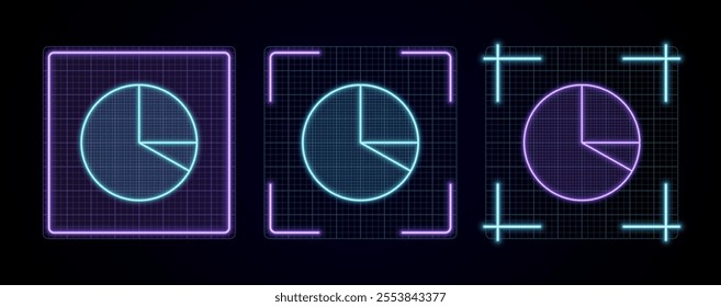 Pie Graph icon illustration, cyber neon visual, glowing border grid vector.