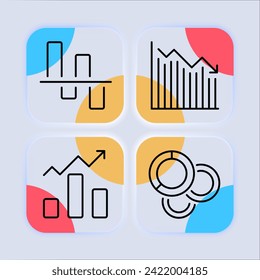 Pie graph set line icon. Finance, coins, bank, money, company management, enterprise, growth and fall. Glassmorphism style. Vector line icon for business and advertising