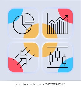 Pie graph set line icon. Finance, company management, enterprise, coins, bank, money, growth and fall. Glassmorphism style. Vector line icon for business and advertising