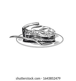 Pie hand drawn black and white vector illustration. Plate with cake piece and fork sketch. Retro dessert serving design element. Vintage sweet bakery, pastry isolated on white background