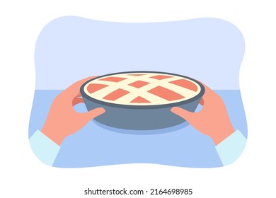 Pie in human hands flat vector illustration. Person putting cake in oven, cooking, making dinner Bakery, hobby, preparation, process concept for banner, website design or landing web page