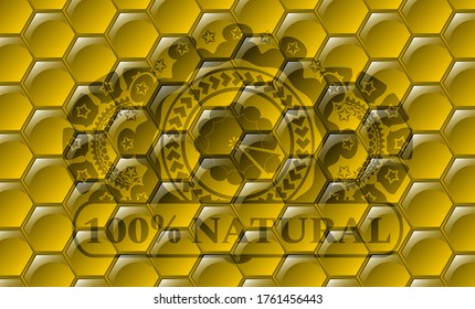 pie icon and 100% Natural text honey bees realistic emblem. beekeeping exquisite background. Intense illustration. 