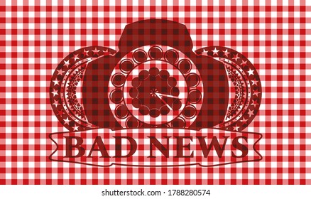 pie icon and Bad News text red checkered tablecloth realistic badge. Restaurant chic background. Vector illustration. 