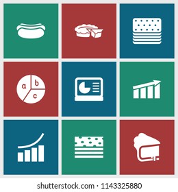 Pie icon. collection of 9 pie filled icons such as graph, chart on display. editable pie icons for web and mobile.