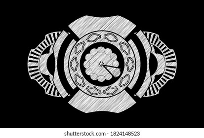 pie icon inside chalk realistic badge. Chalkboard fashionable background. Illustration. 