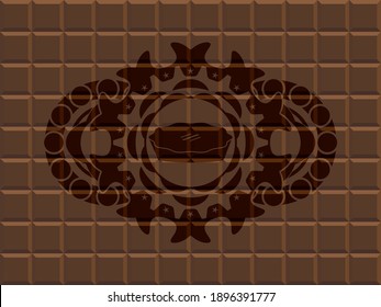 pie icon inside chocolate bar emblem. Brown fancy background. Intense illustration. 