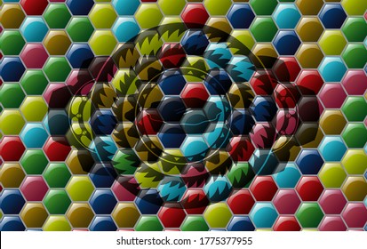 icono circular dentro de la placa multicolor de caramelos coloridos. Fondo clásico hexagonal. Ilustración vectorial. 