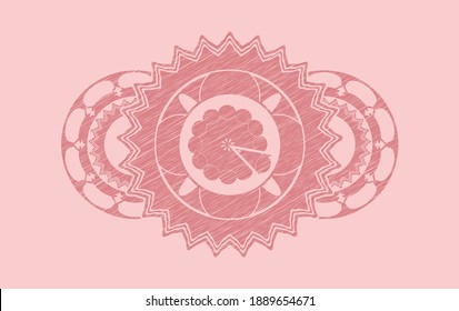 pie icon inside Pink stroke realistic emblem. Rose color fashionable background. Intense illustration. 