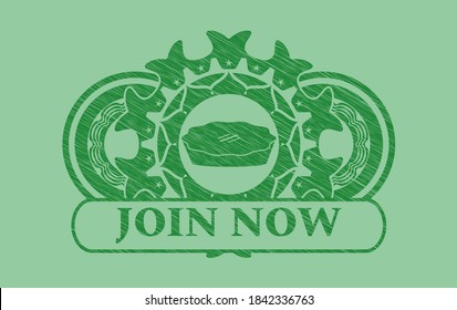 pie icon and Join now text Green stroke realistic badge. Eco chic background. Intense illustration. 