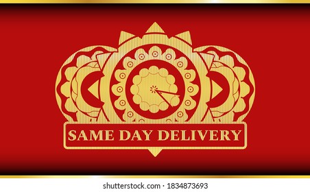 icono circular y texto de entrega del mismo día Banda realista Red y Gold. Tradicional y bonito fondo. Ilustración artística. 
