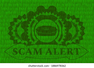 pie icon and Scam Alert text green turf grass realistic badge. Eco classic background. Illustration. 