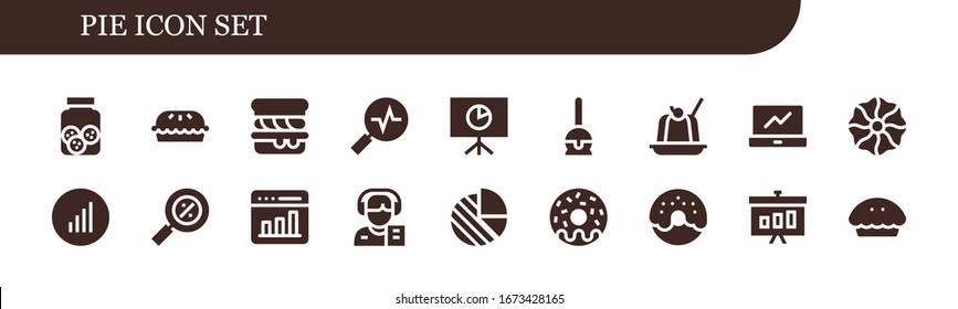 pie icon set. 18 filled pie icons.  Simple modern icons such as: Cookies, Pie, Scone, Stats, Analytics, Cake pop, Jelly, Cookie, Bars graphics, Percentage, Graph, Reporter, chart