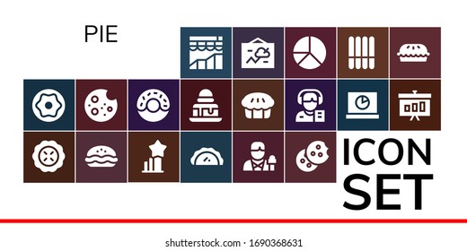 pie icon set. 19 filled pie icons. Included Analytics, Donut, Pie, Stats, Pastry, Reporter, Cookie, Brownie, Graphic, Chart, chart icons