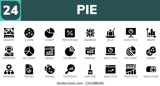 pie icon set. 24 filled pie icons.  Collection Of - Graphic, Cookie, Chart, Percentage, Makibishi, Jelly, Analytics, Graph, Reporter, Pie chart, graph, Diagram, Report, Statistics
