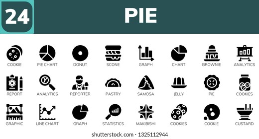 pie icon set. 24 filled pie icons.  Simple modern icons about  - Cookie, Pie chart, Donut, Scone, Graph, Chart, Brownie, Analytics, Report, Reporter, Pastry, Samosa, Jelly,