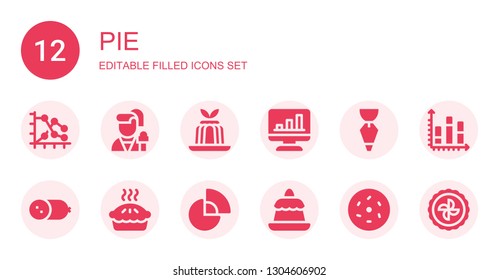 pie icon set. Collection of 12 filled pie icons included Graph, Reporter, Jelly, Chart, Pastry bag, Cold meat, Pie, chart, Pudding, Donut