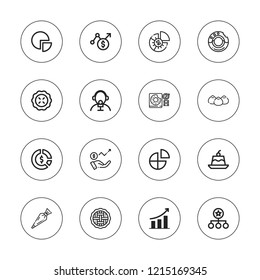 Pie icon set. collection of 16 outline pie icons with chart, donut, diagram, jelly, line chart, pastry bag, pastry, reporter icons.
