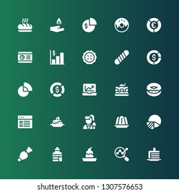 pie icon set. Collection of 25 filled pie icons included Cake slice, Analytics, Pudding, Bakery shop, Pastry bag, Pie chart, Jelly, Reporter, Donut, Brownie, Diagram, Baguette