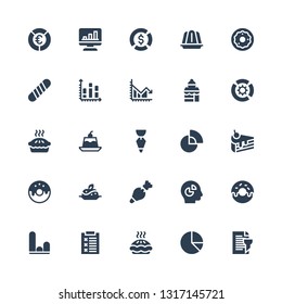 pie icon set. Collection of 25 filled pie icons included Report, Pie chart, Graph, Donut, Chart, Pastry bag, Pudding, Cake slice, Jelly, Diagram, Bakery shop, Baguette