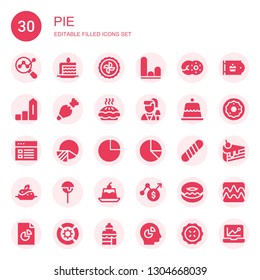 pie icon set. Collection of 30 filled pie icons included Analytics, Cake slice, Pie, Graph, Donut, Increase, Pastry bag, Reporter, Dessert, chart, Baguette, Pudding, Cake pop