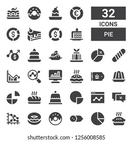 pie icon set. Collection of 32 filled pie icons included Pie, Pie chart, Cold meat, Donut, Graph, Percentage, Analytics, Dessert, Baguette, Jelly, Bakery, Chart, Diagram, Pudding