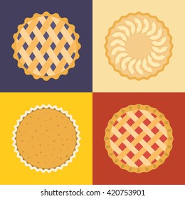 Pie icon set, raspberry, cherry, blackcurrant, apple, pumpkin, flat design, set 2