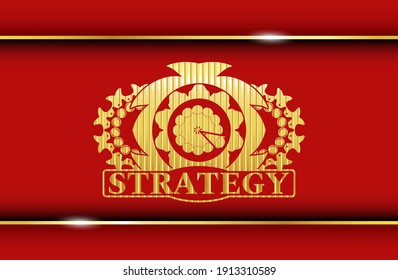 pie icon and Strategy text Red and Gold realistic emblem. Traditional handsome background. Illustration. 