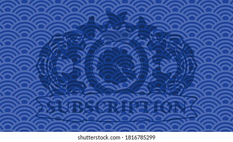 pie icon and Subscription text blue color japanese pattern realistic emblem. Geometric graceful background. Vector illustration. 
