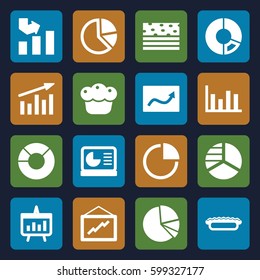 pie icons set. Set of 16 pie filled icons such as pie chart, graph, chart
