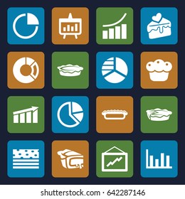 Pie icons set. set of 16 pie filled icons such as pie chart, graph, cake slice