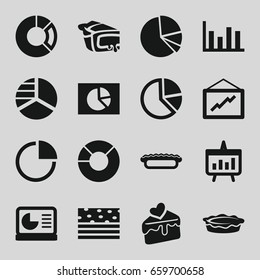 Pie icons set. set of 16 pie filled icons such as pie chart, graph, cake slice, chart
